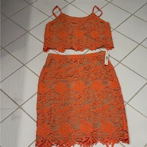 Orange Lace Two-Piece Skirt and Top Set